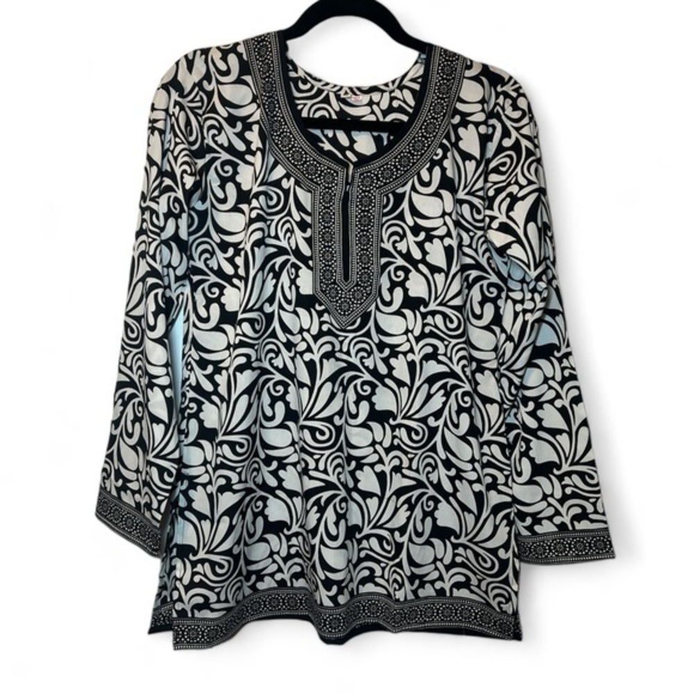 Lady India Women Medium Black White Long Sleeve Crepe Kurtas‎ Tunic Blouse AS IS